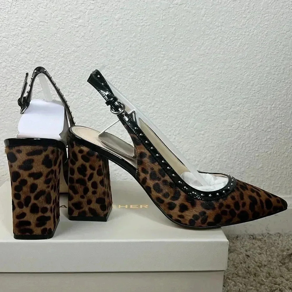 Marc Fisher Women’s Joily Brown Black Animal Print Slingback Block Heels…
